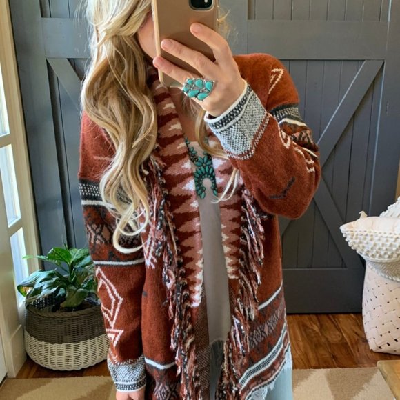 New Cowichan Aztec Print Fringed Cardigan Sweater - Picture 3 of 9